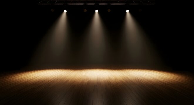 Spotlights illuminating a wooden stage in a dark theater setting