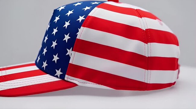 American flag patterned baseball cap rotating on white background