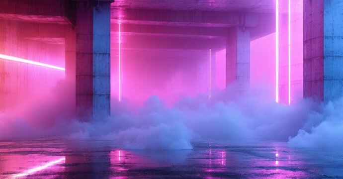 Concrete structure illuminated by vibrant neon lights. Fog fills space creating mysterious atmosphere. Reflections shimmer on wet floor.