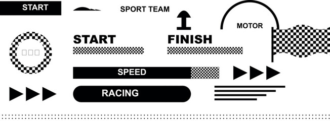 Collection of black and white graphic design elements featuring start finish line indicators speed bars progress meters and checkered flag icons for racing themes۔