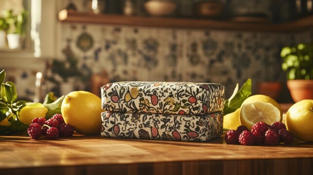 Two decorative beeswax wraps with a vibrant fruit pattern are carefully stacked on a rustic wooden table, accompanied by fresh, bright lemons and berries.