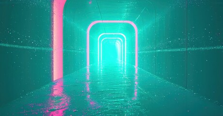 Fototapeta premium Neon tunnel extends into darkness. Vibrant pink, teal hues create futuristic perspective. Light reflects off wet surfaces. Mysterious, immersive space.