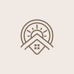 Modern Minimalist Real Estate Logo with House Roof and Golden Sunrise Symbol