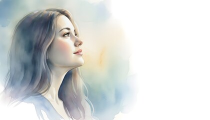 Fototapeta premium Woman Profile Portrait - Hopeful Gaze, Soft Light, Watercolor Style Background