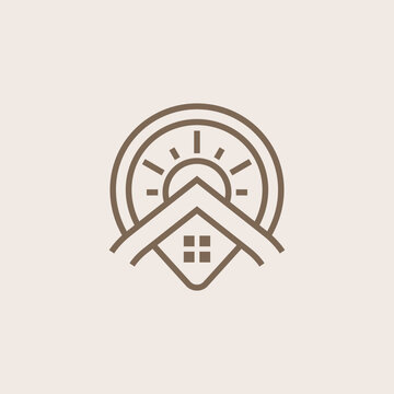 Modern Minimalist Real Estate Logo with House Roof and Golden Sunrise Symbol