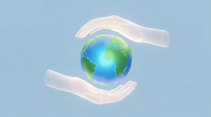 Two translucent, ethereal hands gently cradle a vibrant, shining planet Earth sphere against a soft blue backdrop emphasizing global care.