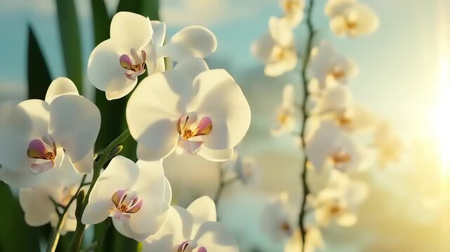 Close up of delicate white orchids blooming in soft sunlight.