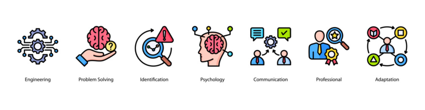 Engineering and Adaptability web banner icon vector illustration featuring Engineering, Problem Solving, Identification, Psychology, Communication, Professional, and Adaptation.