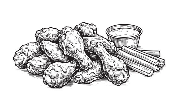 Pile of crispy buffalo chicken wings with celery sticks and dipping sauce in a vintage hand-drawn engraving style.
