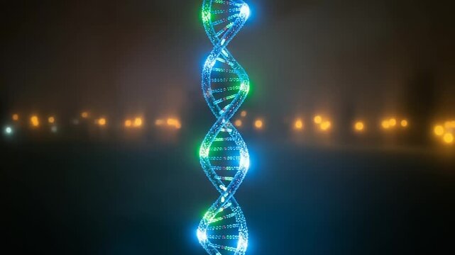 Glowing DNA Helix Structure at Night.