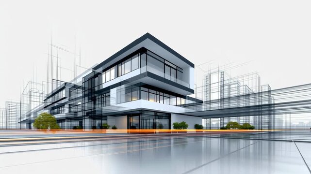 Modern architectural design of a multi-story building with large glass windows and surrounding greenery, showcasing progressive construction elements in a contemporary urban setting