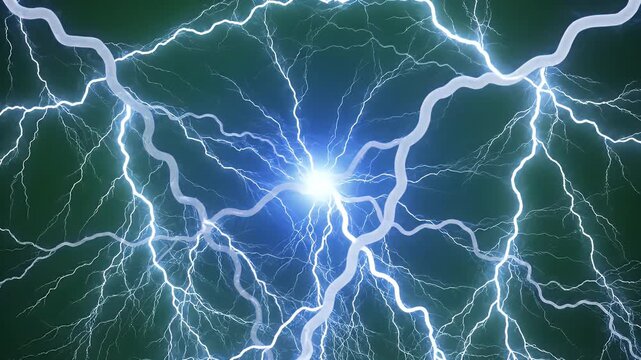 Dynamic electrical discharge effect on a vibrant green background, illustrating raw natural energy. Powerful bolts of abstract plasma illuminating