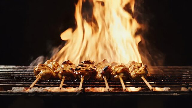 Delicious marinated chicken skewers sizzling and browning on a charcoal grill with intense flames and smoke, an experienced chef expertly basting
