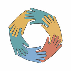 Obraz premium A digital illustration of four diverse hands forming a circle, representing human spirit and unity day. Perfect for teamwork concepts, presentations, and educational materials