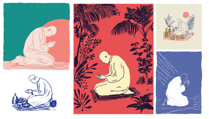 Plakat Hand drawn doodle of people praying in islamic style for ramadan and eid religious celebration