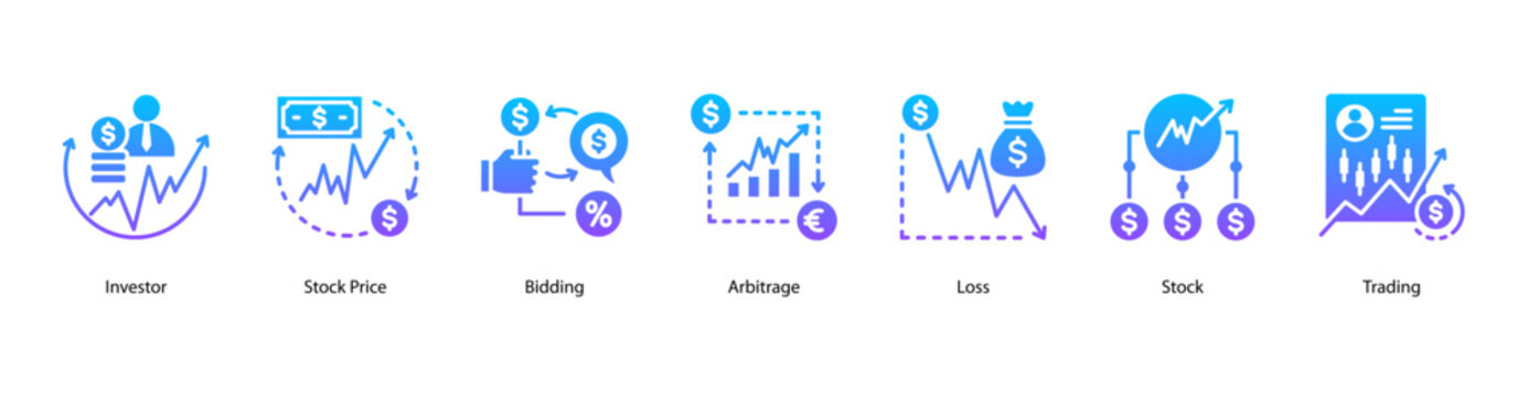 Stock Operations web banner icon vector illustration featuring Investor, Stock Price, Bidding, Arbitrage, Loss, Stock, and Trading.