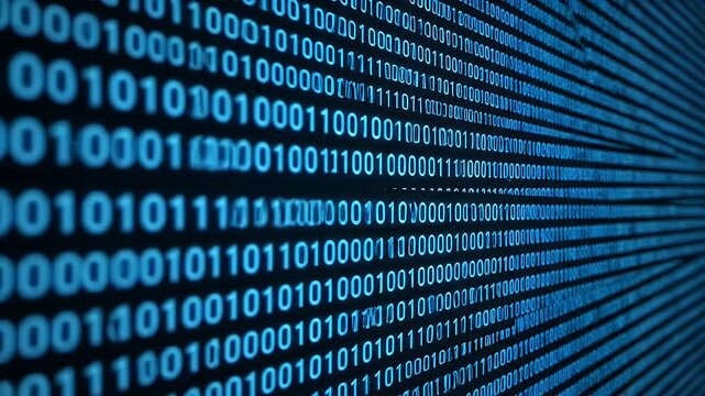 Abstract Blue Binary Code Data Stream Flowing Across Dark Screen Futuristic Digital Background