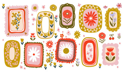 Folk Art Floral Frames and Decorative Botanical Elements