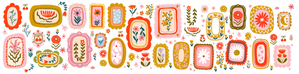 Folk Art Floral Frames and Decorative Botanical Elements