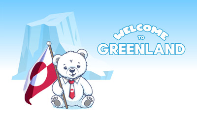 Vector cartoon of cute little polar bear cub sitting with flag and tie. Inscription, Welcome to Greenland. Cold, winter, snow, ice and iceberg. North and frost. Baby toy of bearish © GAlexS