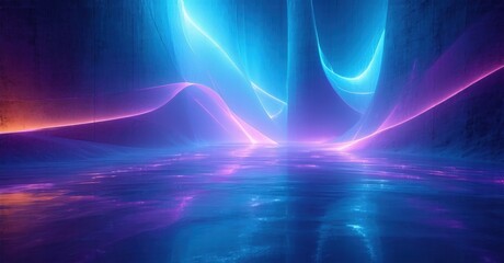 Fototapeta premium Abstract light streaks illuminate cavernous space. Vivid blues, purples create dramatic, futuristic scene. Reflections enhance depth.