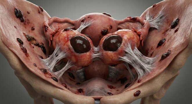 Endometriosis gynecology fertility medical visualization features enlarged ovaries fused behind uterus by scar tissue, chocolate cysts and pelvic implants visible, clinical anatomy render