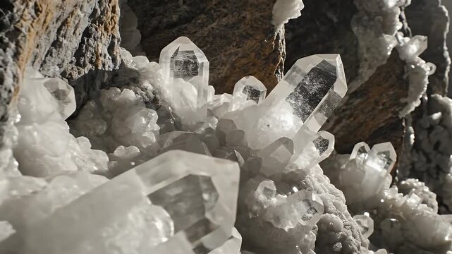 Close-up of clear quartz crystals clustered against a rugged rock surface in a cave