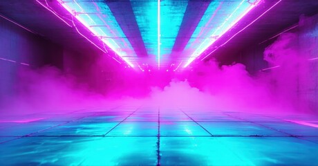 Fototapeta premium Futuristic space, vibrant neon lights, smoke fills room. Blue, pink hues create intense atmosphere. Empty tiled floor extends toward light source.