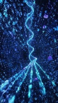 Digital DNA helix structure surrounded by binary code and glowing particles