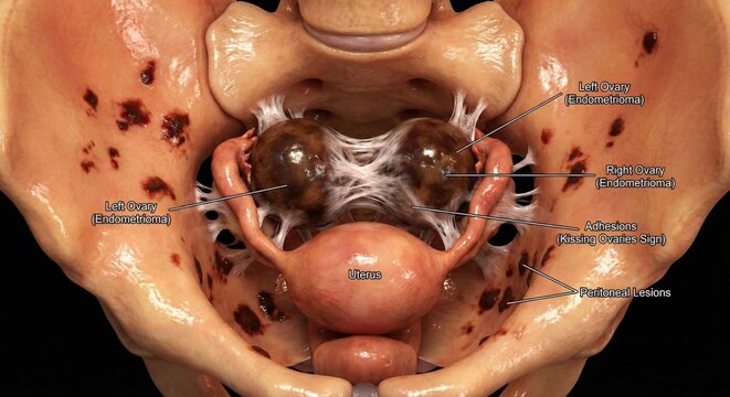 Endometriosis gynecology fertility 3D render shows kissing ovaries bound by dense fibrous adhesions with endometriomas and peritoneal lesions, severe pelvic pathology education