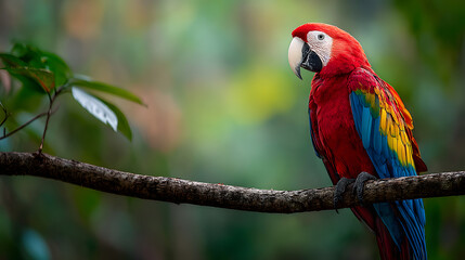 Fototapeta premium Vivid Macaw Perched on Branch Surrounded by Lush Tropical Foliage in Nature