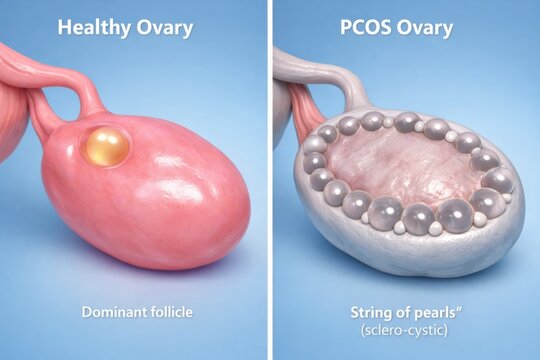 Polycystic ovary syndrome PCOS medical comparison diptych shows healthy ovary with dominant follicle versus enlarged sclero cystic ovary with peripheral string pearls follicles