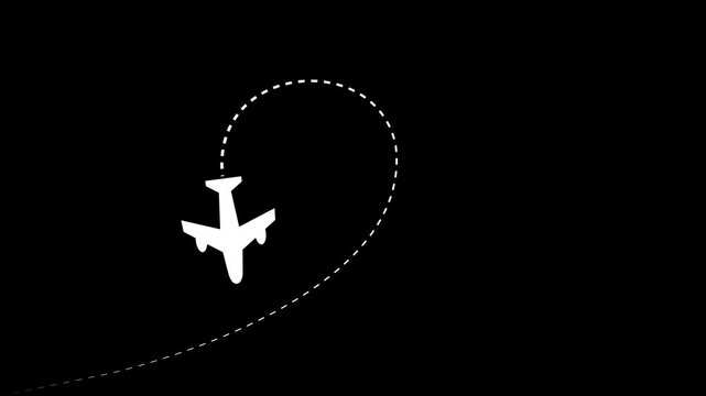 Airplane route dotted line animation on black background. journey or travel destination path motion. Flying plane icon 4k video.