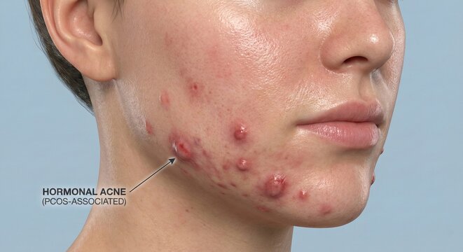 Polycystic ovary syndrome PCOS hormonal acne medical illustration shows inflamed cystic lesions along female jawline with seborrhea texture, clinical dermatology education render