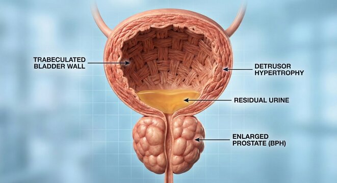 Prostate adenoma prostatitis medical illustration features thickened bladder muscle and rough internal ridges due to long term urinary obstruction, enlarged prostate below, clinical anatomy