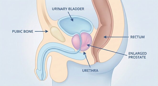 Prostate adenoma prostatitis sagittal cross section shows enlarged prostate compressing urethra and elevating bladder base, anatomical relation with pubic bone and rectum, urology education