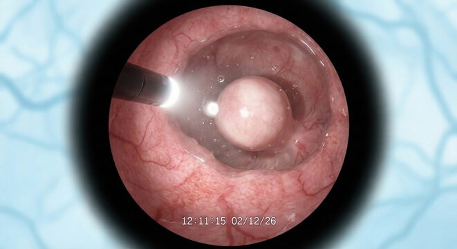 Uterine fibroids hysteroscopy simulation shows submucosal leiomyoma inside uterine cavity, pale round mass under endoscopic view with vascular endometrium, clinical gynecology imaging