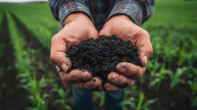 Farmer's Hands Holding Rich Black Soil Against a Background of Green Crops in a Lush Agricultural Field