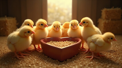 Adorable yellow chicks gather around a heart-shaped bowl of grain in a cozy barn setting, perfect for animal lovers and farm life enthusiasts.