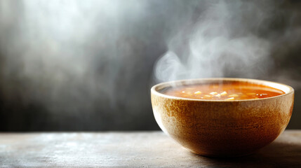 A rustic wooden bowl filled with hot, steaming soup containing visible ingredients, set against a blurred background, emphasizing warmth and comfort