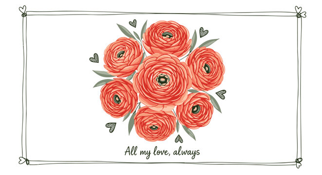 vector illustration of orange ranunculus flowers with green leaves and hearts on a white background with a metal wire frame and romantic text