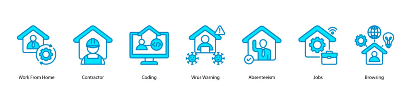 Online Workforce web banner vector illustration featuring Work From Home, Contractor, Coding, Virus Warning, Absenteeism, Jobs, and Browsing.