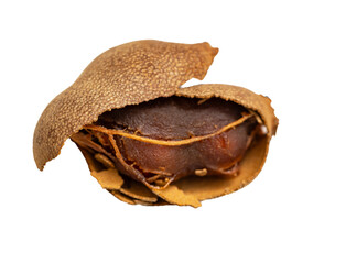 A piece of fruit is cut open and has a brown center