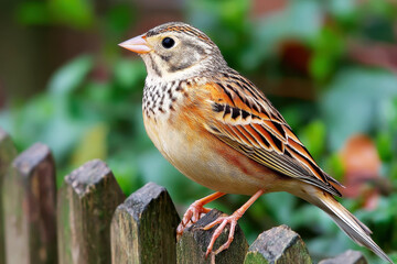 A vibrant little bunting bird perches on a weathered wooden fence, showcasing its intricate plumage against a soft-focus background