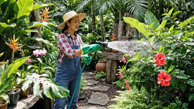 Happy Asian woman in overalls watering flowers in a lush garden