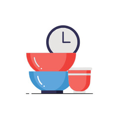 Assorted bowls and clock illustration depicting time management in kitchen utensils from a straightforward viewpoint