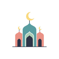 Obraz premium An illustrated mosque with crescent moon symbols above the domes and a prominent central archway, in a simple graphic style, viewed from the front.
