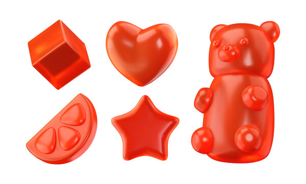 3d marmalade shapes. Abstract jelly sweets. Citrus slice, cute bear, cube, heart and star, geometric glossy elements in red color. Vector illustration. Soft chubby candies. Isolated gummies.