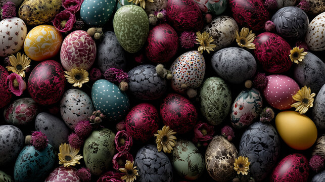 Colorful decorated Easter eggs with flowers on dark background  