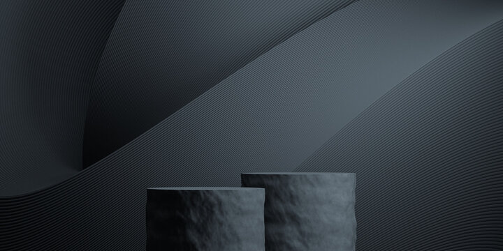 3D product background. 3D geometric podium with black background for cosmetic and perfume presentation. 3D rendering illustration.